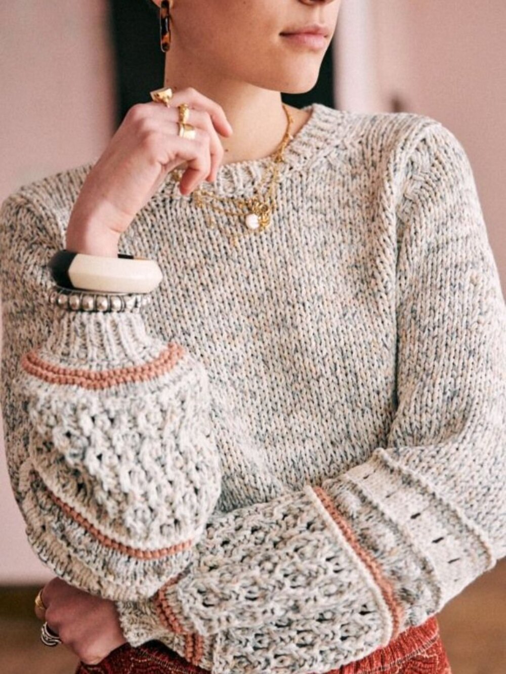 Sézane Gray/Beige Marled Chunky Knit Sweater | Size M | Rust Trim